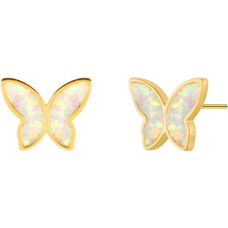 women pearl and diamond earrings -Iridescent Gold Opal Butterfly Stud Earrings