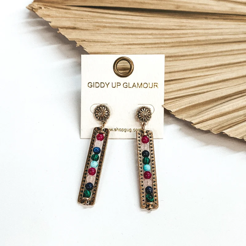 women rainbow gemstone earrings -Friendly Ties Gold Concho Post Earrings with Stone Beaded Rectangle Bar Drop in Multicolor