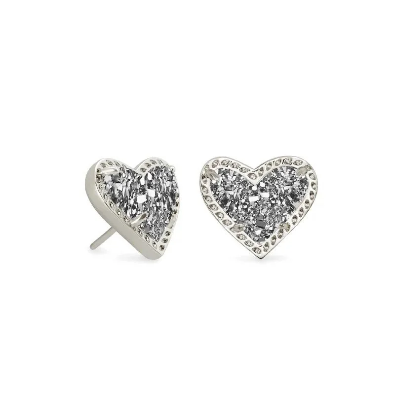 women sapphire earrings -Kendra Scott | Ari Heart Silver Stud Earrings in Platinum Drusy