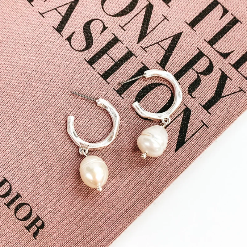 women engagement earrings -Special Occasion Hoop Earring with Pearl Dangle in Worn Silver Tone