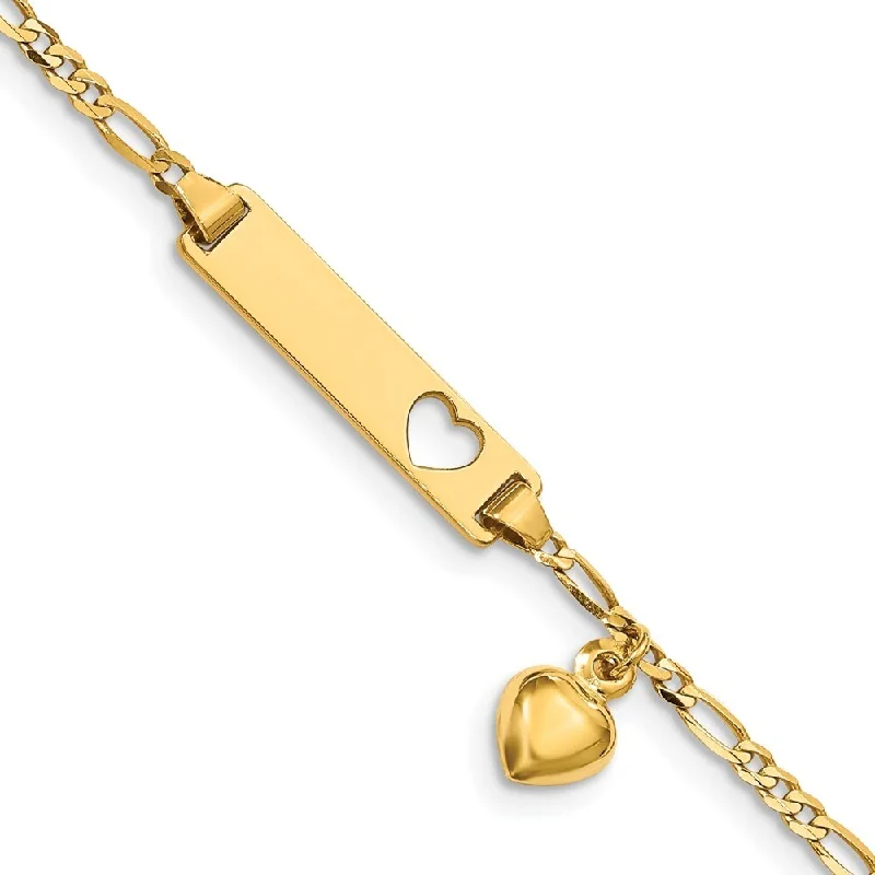 women delicate bangles and bracelets -14k Yellow Gold 5mm Cut-out Heart w/Dangling Heart Children's Figaro Link ID Bracelet, 6"