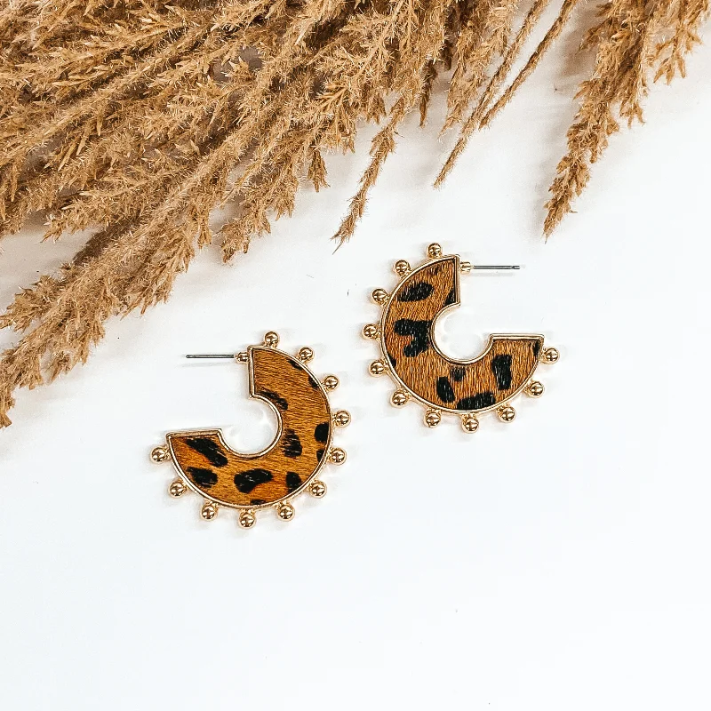 women wedding earrings -Flat Hoops with a Brown Animal Print