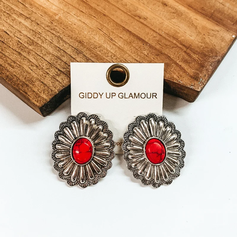 women cubic zirconia earrings -Silver Tone Concho Earrings with Faux Center Stone in Red