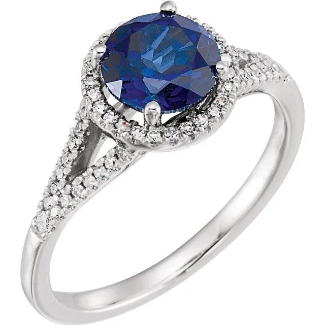 women luxury engagement rings -14KT WHITE GOLD 1.85 CT LAB CREATED BLUE SAPPHIRE & 1/6 CTW DIAMOND HALO RING