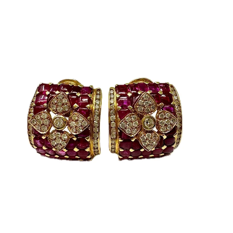 women birthstone earrings -18K Gold Diamond and Ruby Square Clip-on Earrings