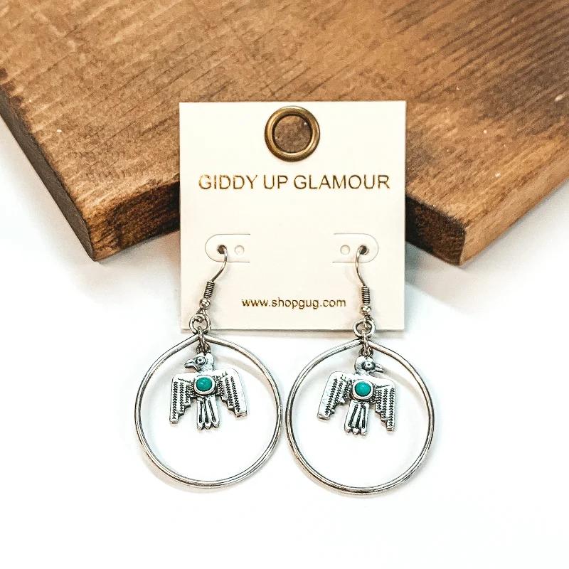 women chic earrings -Circle Drop Earrings with Hanging Thunderbird Pendant in Silver