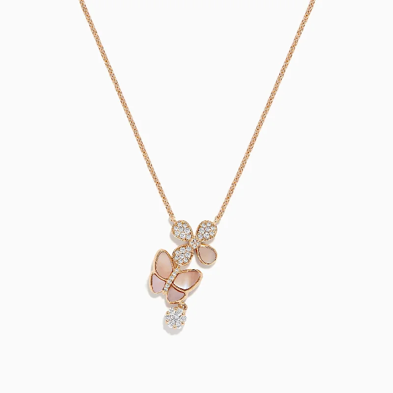 women gemstone necklaces -14K Rose Gold Mother of Pearl and Diamond Butterfly Necklace, 0.26 TCW