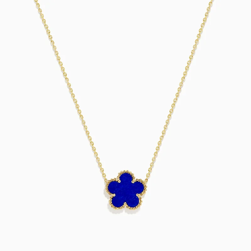 women birthstone charm necklaces -Novelty 14K Yellow Gold Lapis Flower Necklace