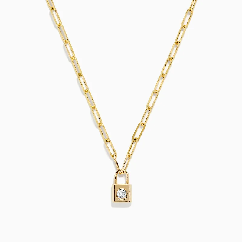 women custom engraving necklaces -Novelty 14K Yellow Gold Diamond Mini Lock Necklace