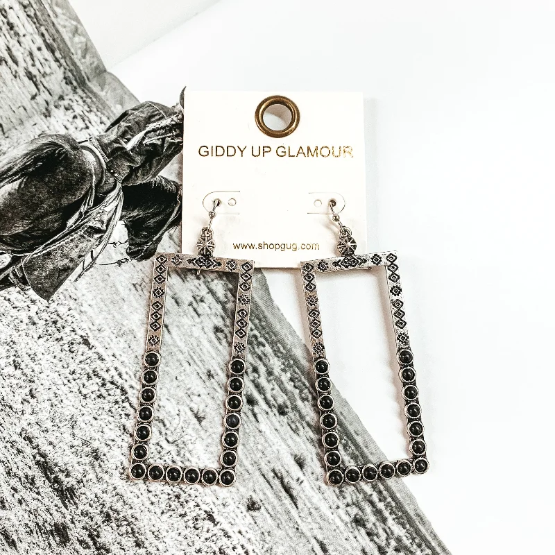 women colorful earrings -Silver Tone Open Rectangle Earrings with Black Stones and Engraving