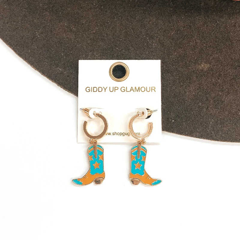 women heart-shaped stud earrings -Gold Tone Hoop Huggie Earrings with Hanging Boot Pendant in Turquoise