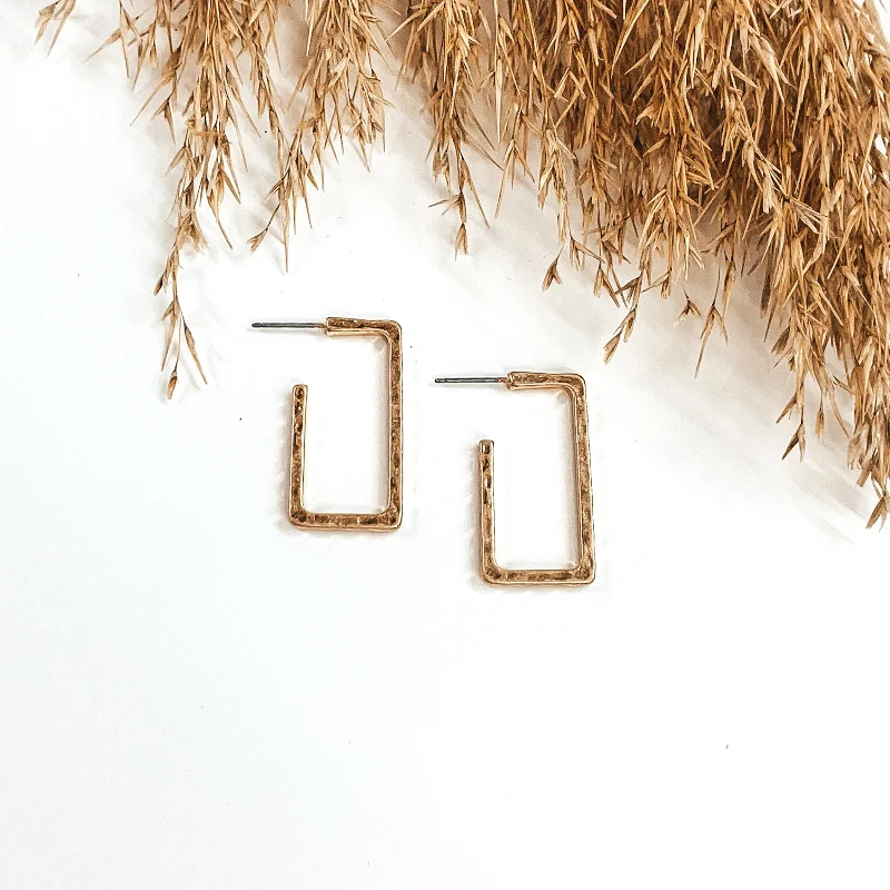 women art deco earrings -Small Hammered Rectangle Hoops in Gold