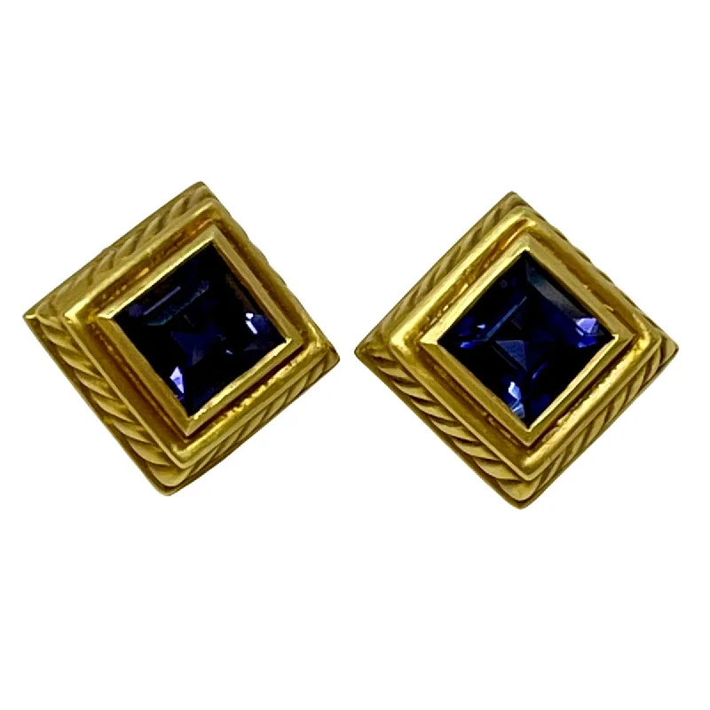 women emerald-cut earrings -Fredericka 18K Gold Square Set Faceted Iolite Earrings