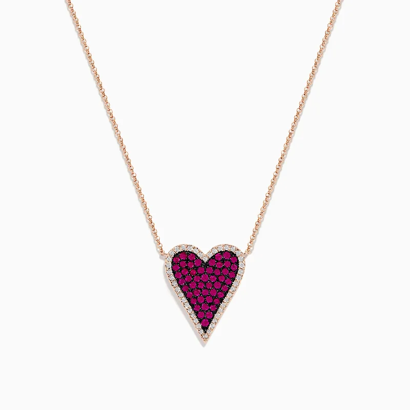 women cross necklaces -Ruby Royale 14K Rose Gold Pave Ruby Heart Pendant Necklace