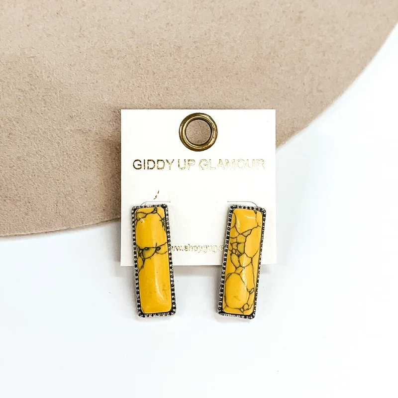 women moon and star earrings -Medium Rectangle Faux Stone Silver Tone Earrings in Yellow