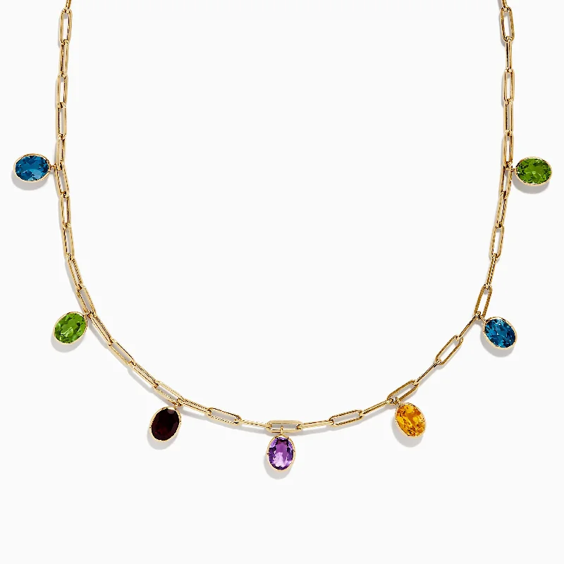 women gemstone chain necklaces -Mosaic 14K Yellow Gold Multi Gemstone Charm Necklace