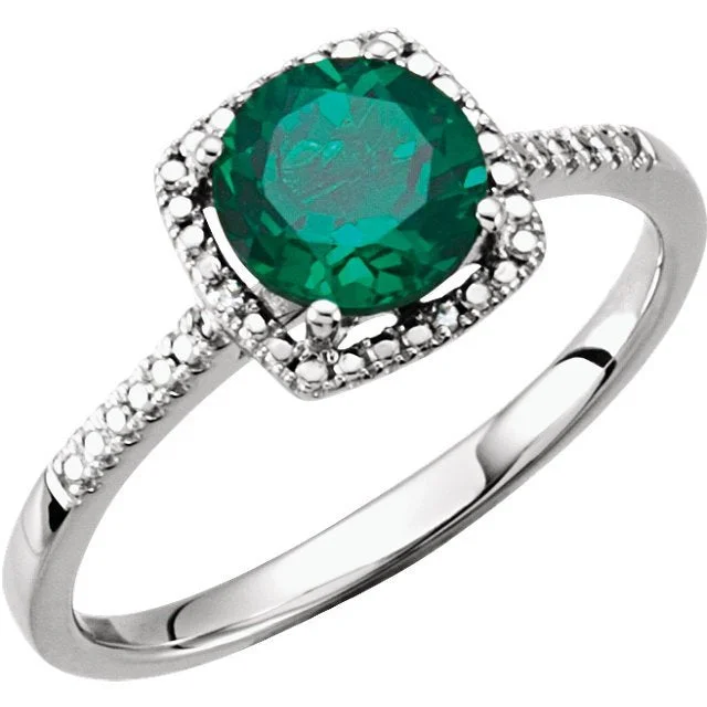 women luxury cuff engagement rings -STERLING SILVER 1.25 CT CREATED EMERALD & .01 CTW DIAMOND HALO RING