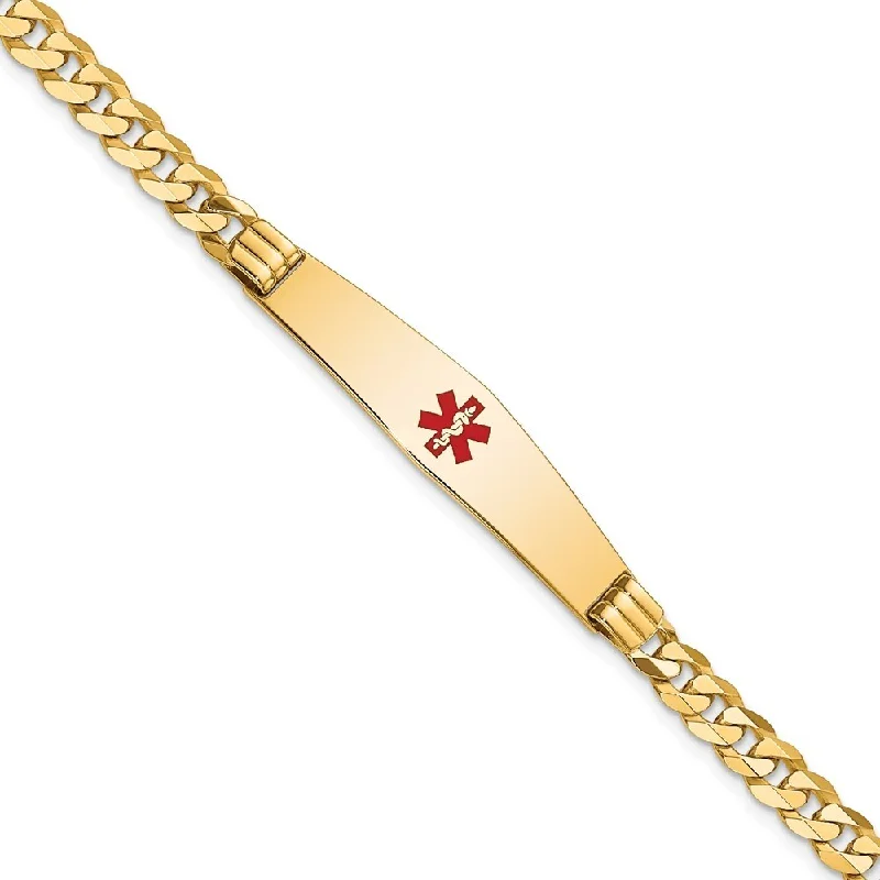 women modern cuff bangles and bracelets -14k Yellow Gold 9mm Medical Soft Diamond Shape Red Enamel Curb Link ID Bracelet, 7"