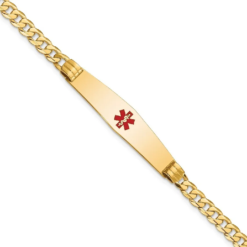 women rose gold bangles and bracelets -14k Yellow Gold 9mm Medical Soft Diamond Shape Red Enamel Curb Link ID Bracelet, 7"