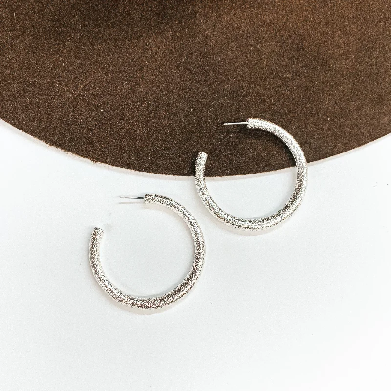 women engraved earrings -Textured Large Sized Hoop Earrings in Silver