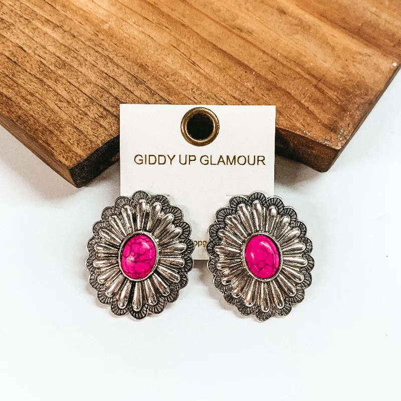 women birthstone earrings -Silver Tone Concho Earrings with Faux Center Stone in Fuchsia Pink