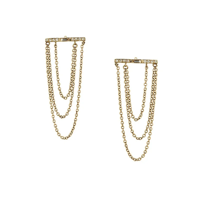 women intricate earrings -CHAIN DROP EARRINGS WITH DIAMOND BAR