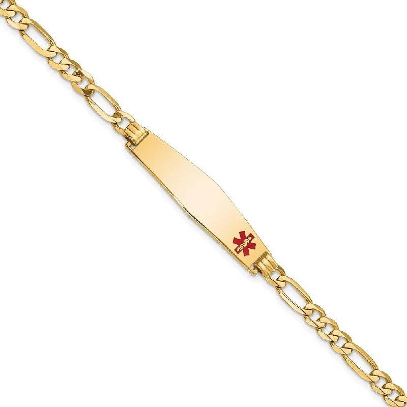 women classic bangle bracelets -14k Yellow Gold 8.5mm Medical Soft Diamond Shape Red Enamel Flat Figaro Link ID Bracelet, 7"