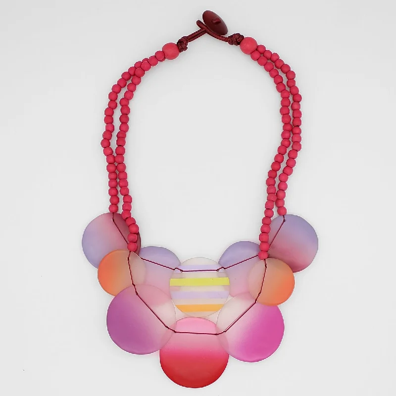 women gold-plated necklaces -Pink Fantasy Circle Bead Bib Necklace