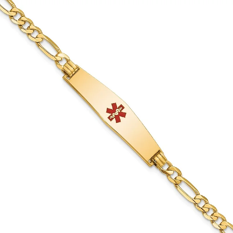 Gold bangles and bracelets for women -14k Yellow Gold 8.5mm Medical Soft Diamond Shape Red Enamel Flat Figaro Link ID Bracelet, 7"