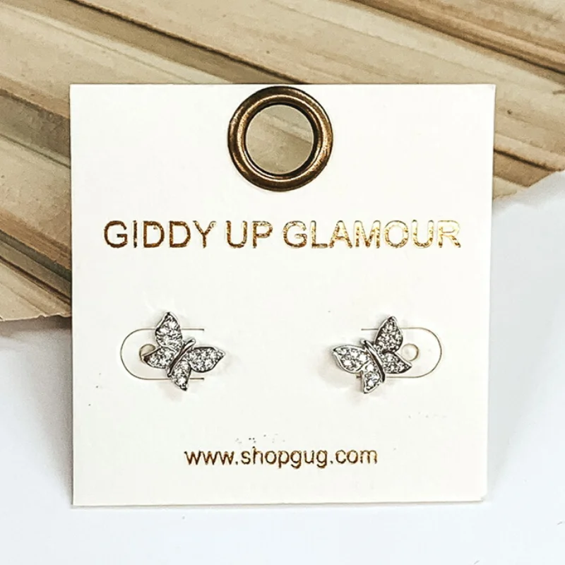 women delicate stud earrings -Dainty Butterfly Shaped Stud Earrings with CZ Crystals in Silver