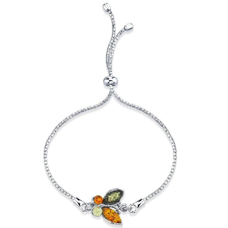 women adjustable bangle bracelets -Sterling Silver Baltic Amber Butterfly Charm Adjustable Bracelet