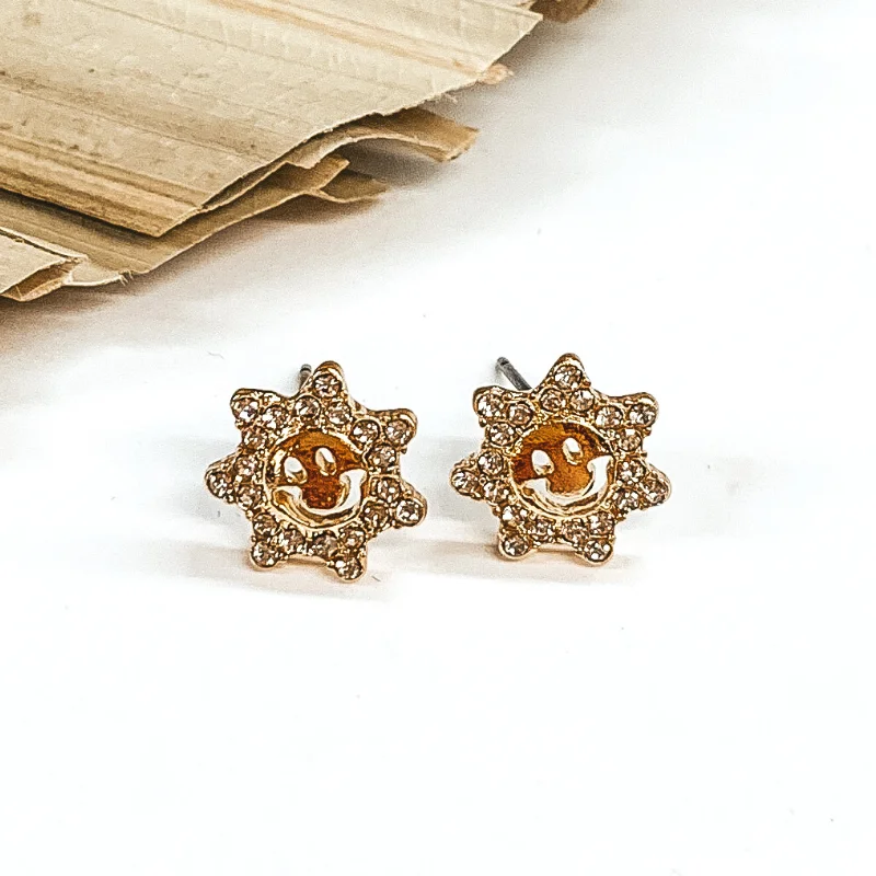 women drop earrings with diamonds -Sun Shaped Happy Face Earrings with Clear Crystals in Gold