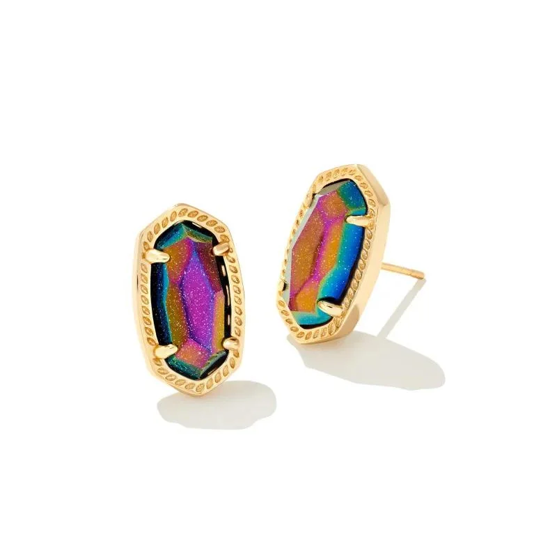 women stackable earrings -Kendra Scott | Ellie Gold Stud Earrings in Iridescent Blue Goldstone