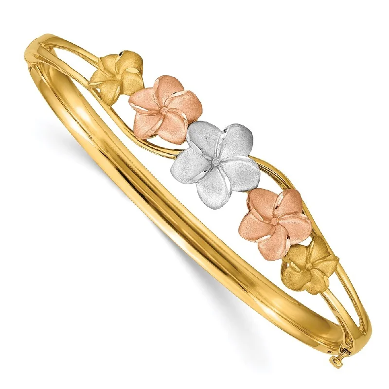 women stackable bangles and bracelets -14k Yellow Gold 3.5mm Tri-color Plumeria Hinged Bangle Bracelet, 6.75"