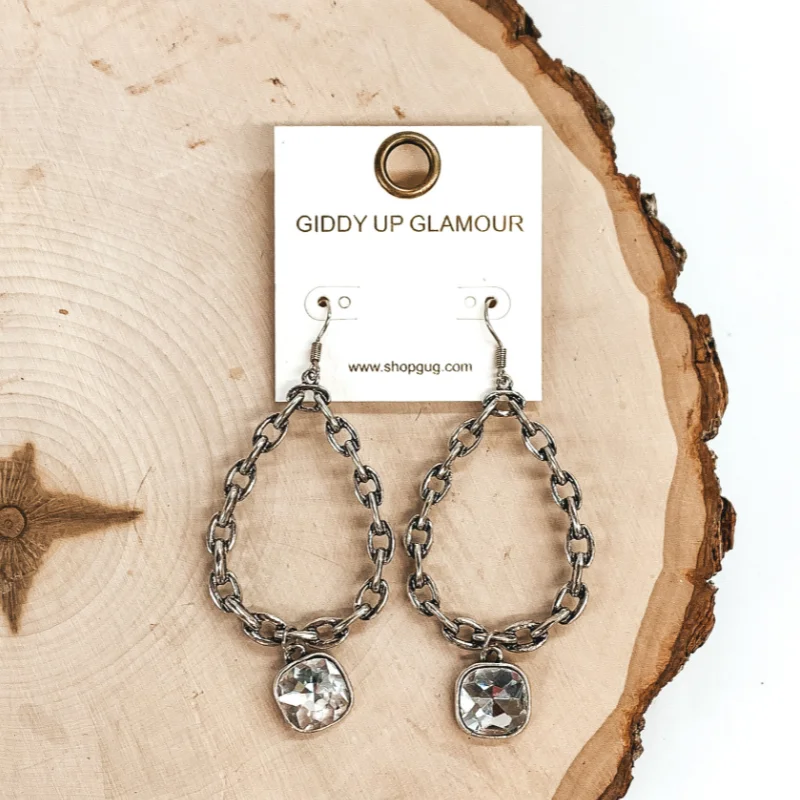 women pearl stud earrings -Chain Teardrop Dangle Silver Tone Earrings with Clear Cushion Cut Crystal