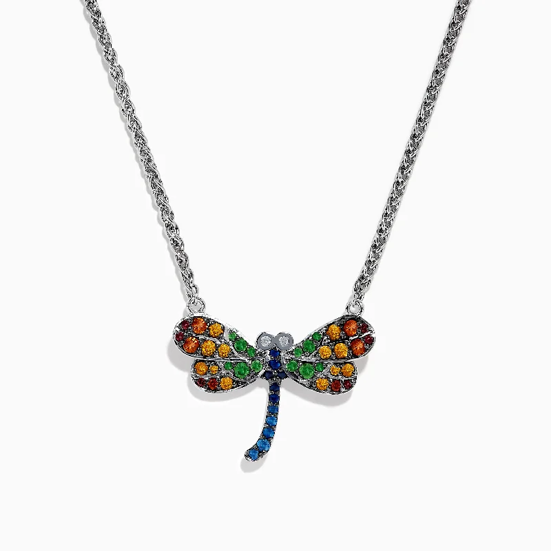 women classic gold necklaces -Nature Sterling Silver Multi Gemstone Dragonfly Necklace