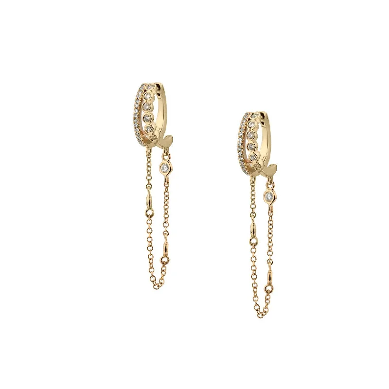 women floral stud earrings -DOUBLE DIAMOND HUGGIE & CHAIN DROP EARRINGS