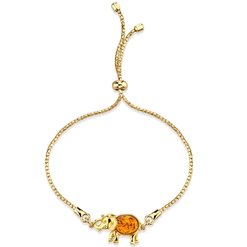 Gold bangles and bracelets for women -Gold-Tone Sterling Silver Baltic Amber Elephant Charm Adjustable Bracelet