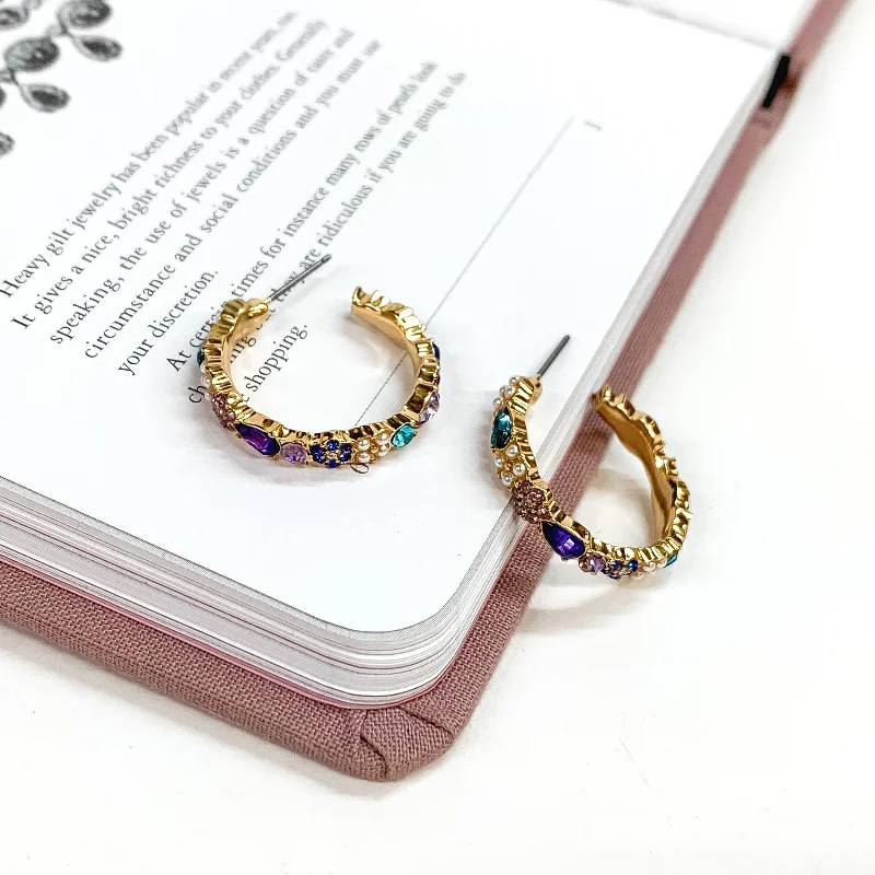 Vintage earrings for women -Gold Tone Hoop Earrings with Purple and Blue Crystals