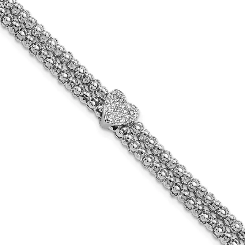 women cuff bangles and bracelets -925 Sterling Silver Rhodium-plated Cubic Zirconia Heart Multi-strand Bracelet, 7.25"