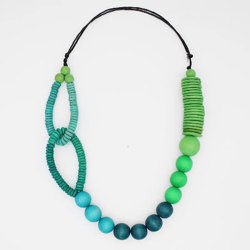 women geometric necklaces -Blue and Green Wood Link Necklace