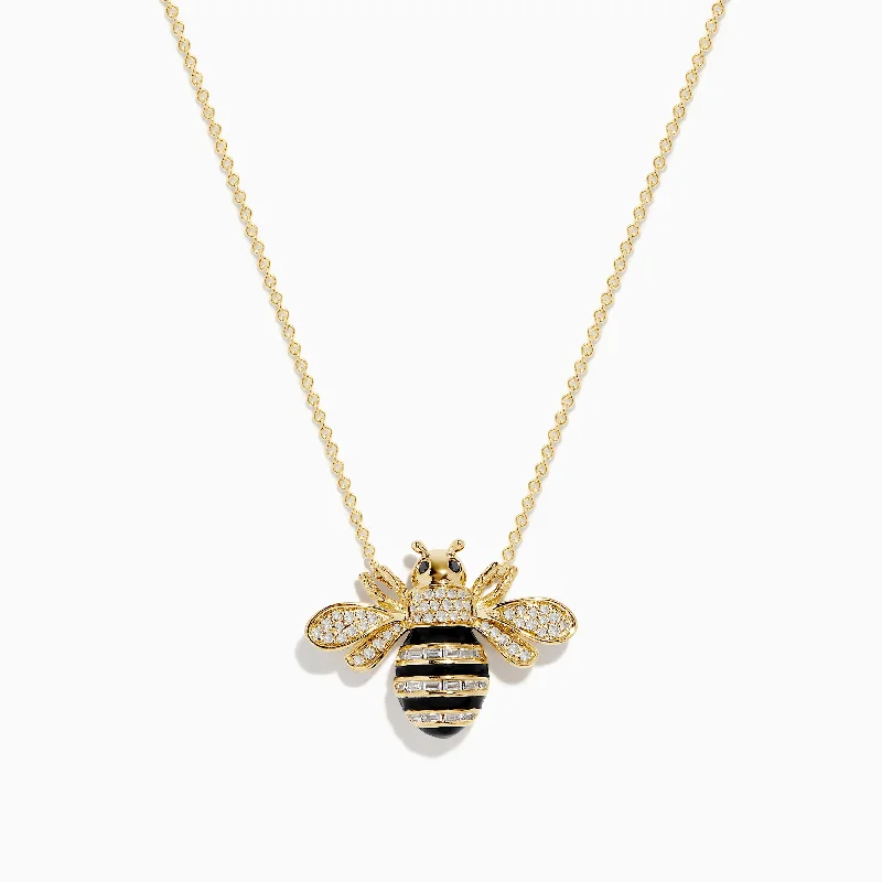 women pendant necklaces -Safari 14K Yellow Gold Black and White Diamond Bee Necklace