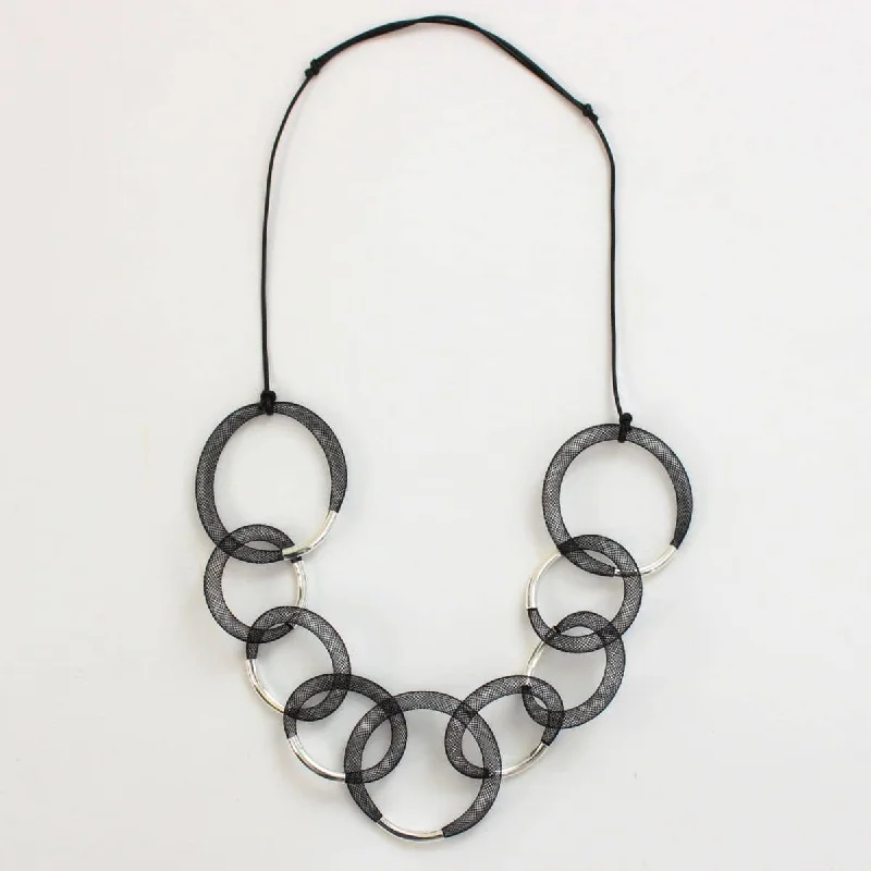 women round pendant necklaces -Black and Silver Mesh Statement Necklace