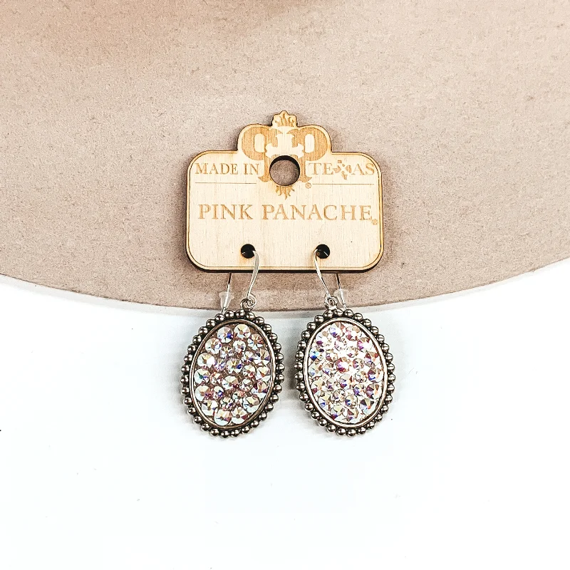 women trendy earrings -Pink Panache | Small Silver Oval Earrings with AB Crystals