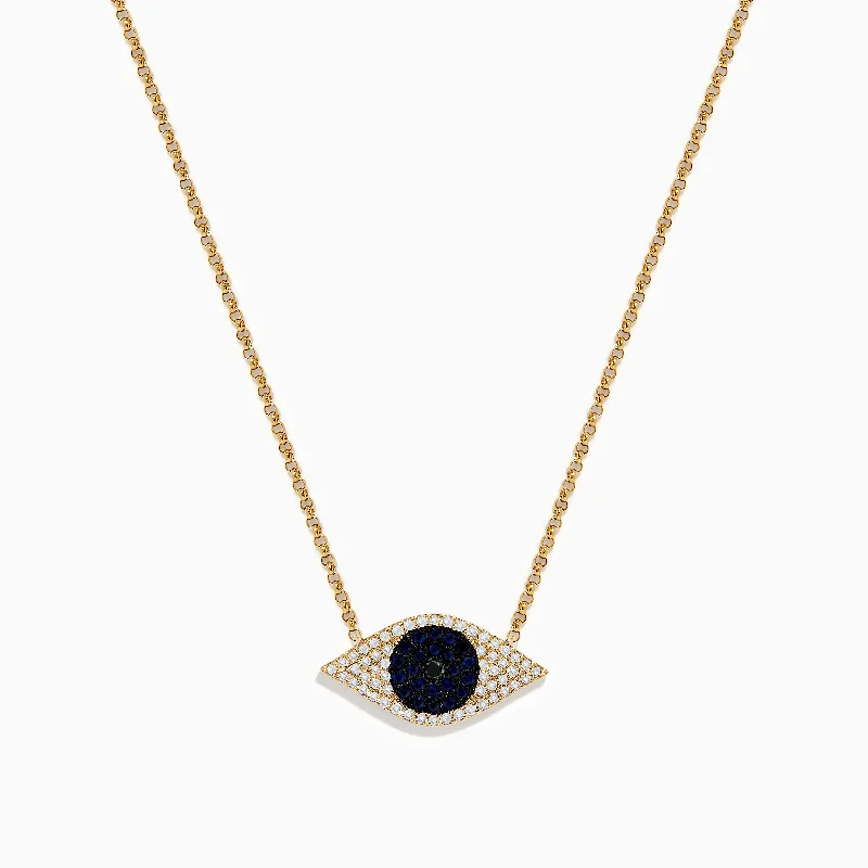 women lotus flower necklaces -Novelty 14K Yellow Gold Blue Sapphire and Diamond Evil Eye Necklace