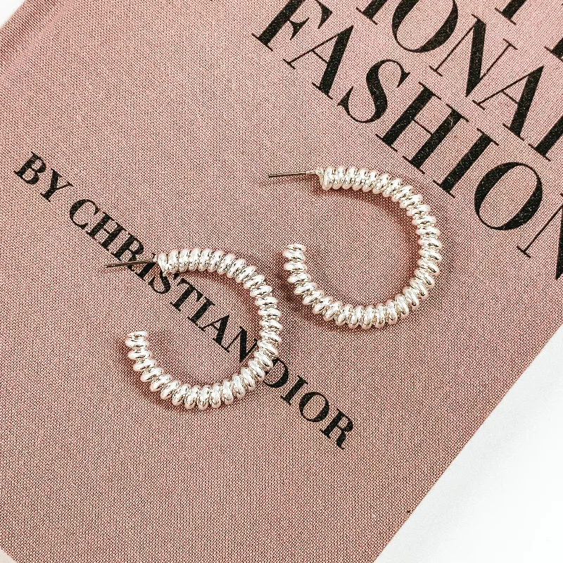 women intricate earrings -Spiral Hoop Earrings in Silver Tone