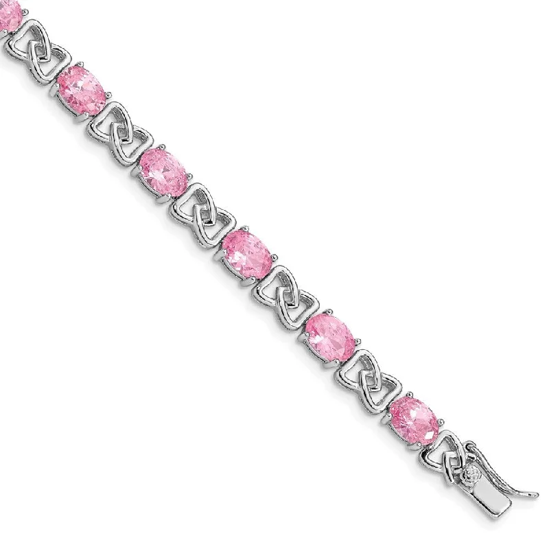 women trendy stackable bangles and bracelets -925 Sterling Silver Rhodium-plated Pink Cubic Zirconia Bracelet, 7"