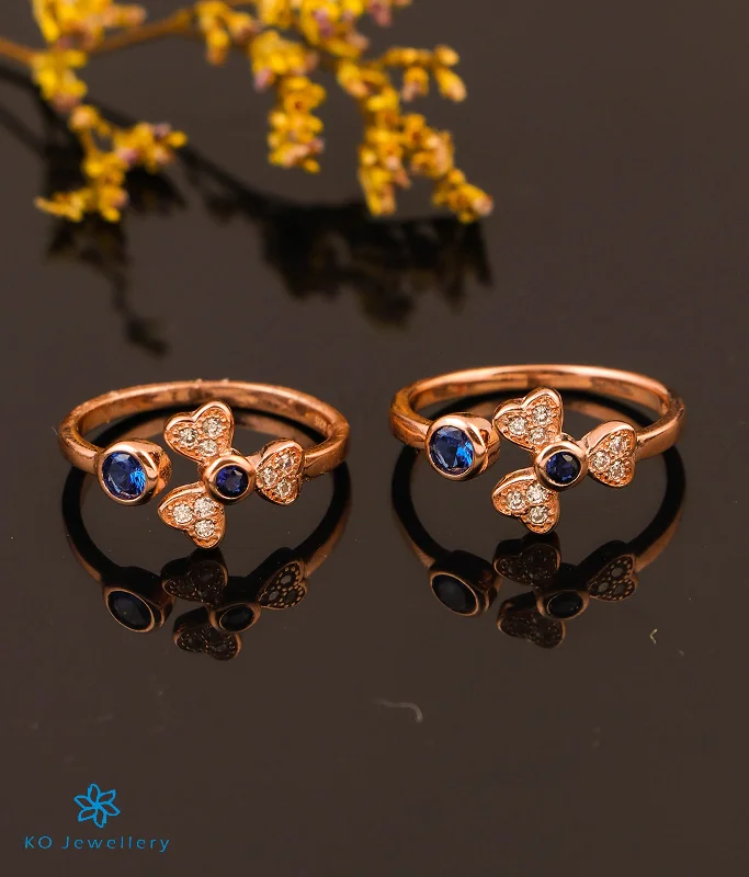 women braided engagement rings -The Dahlia Silver Rosegold Toe-Rings (Blue/ Front open)