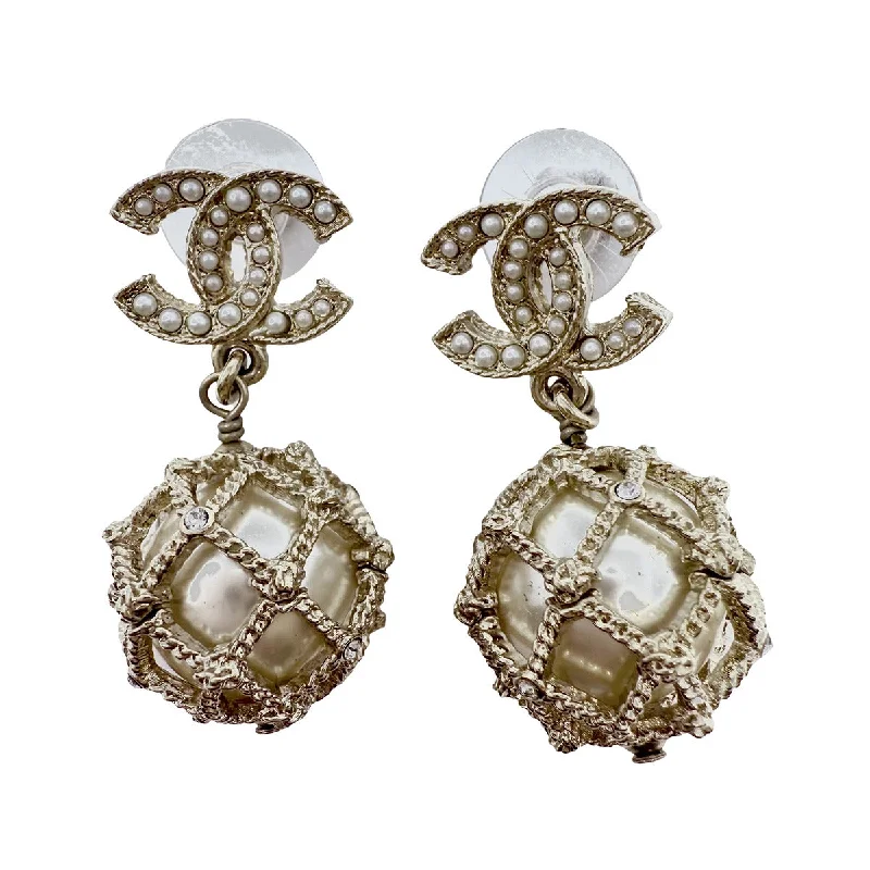 women butterfly earrings -Chanel 2019 Caged Faux Pearl Drop Earrings