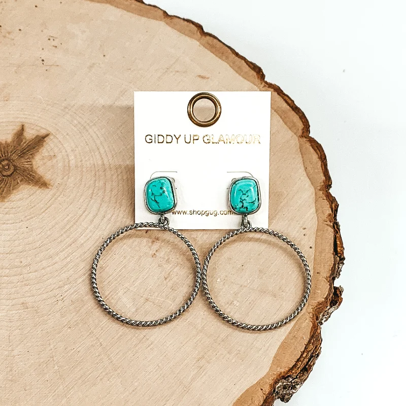 women minimalist earrings -Soulful Look Circle Drop and Stone Post Silver Earrings in Turquoise